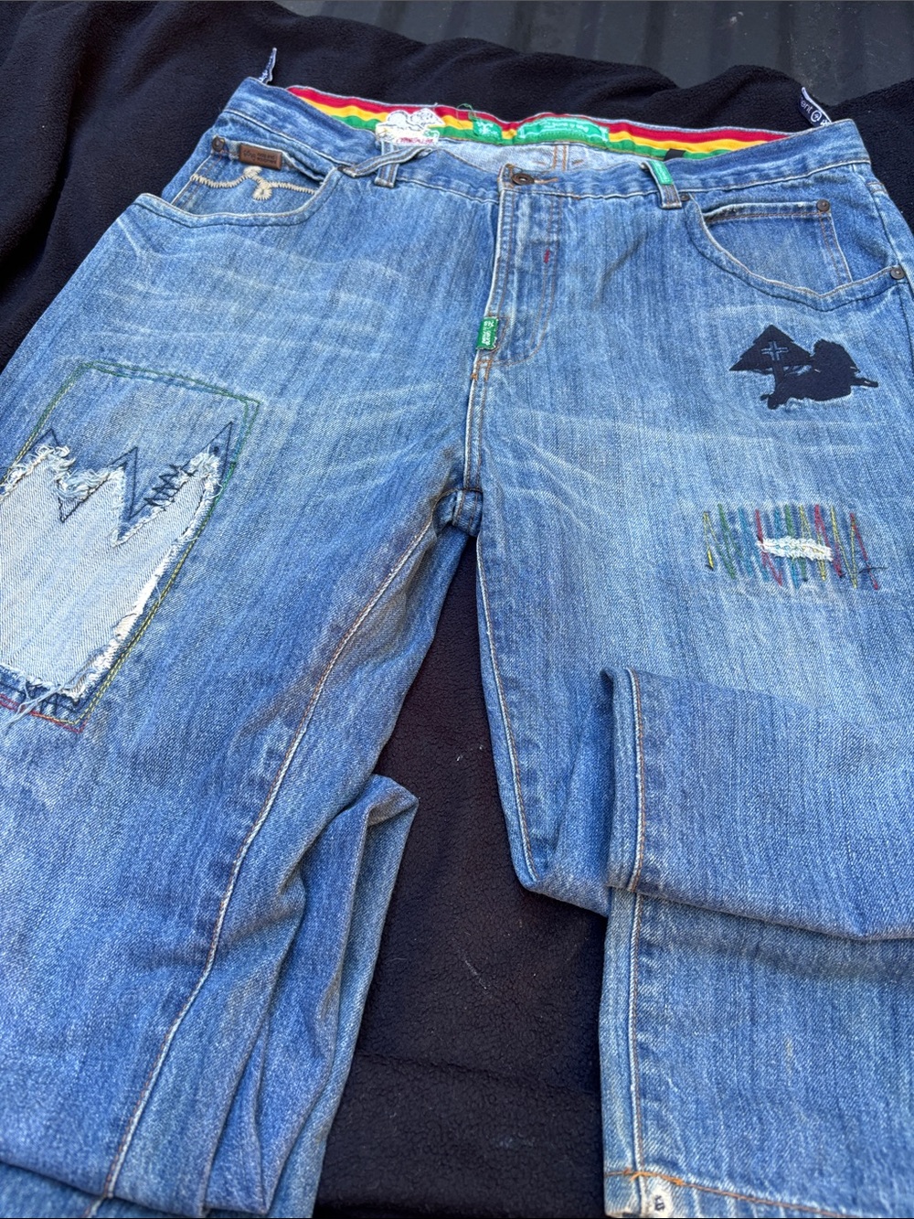 Lrg Blue Distressed Flare Jeans with Patchwork Accents. Y2K Jeans.